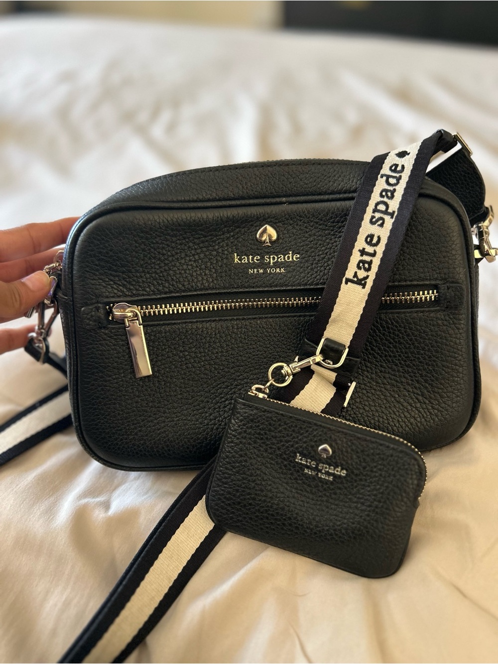 kate spade New York Black Pebbled Leather Crossbody with Strap and Coin Pouch